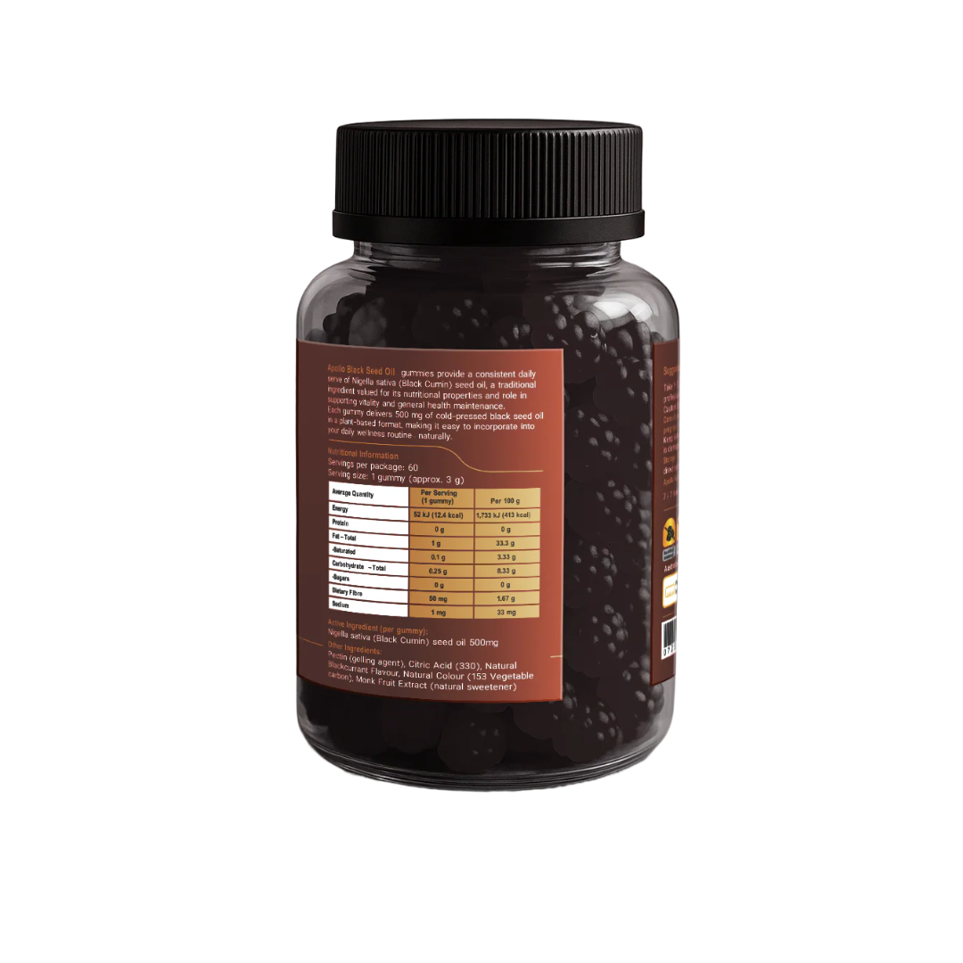 Apollo Nutraceuticals Black Seed Oil Gummies 500mg – Blackcurrant flavour immune support supplement from Nutrition Capital Australia