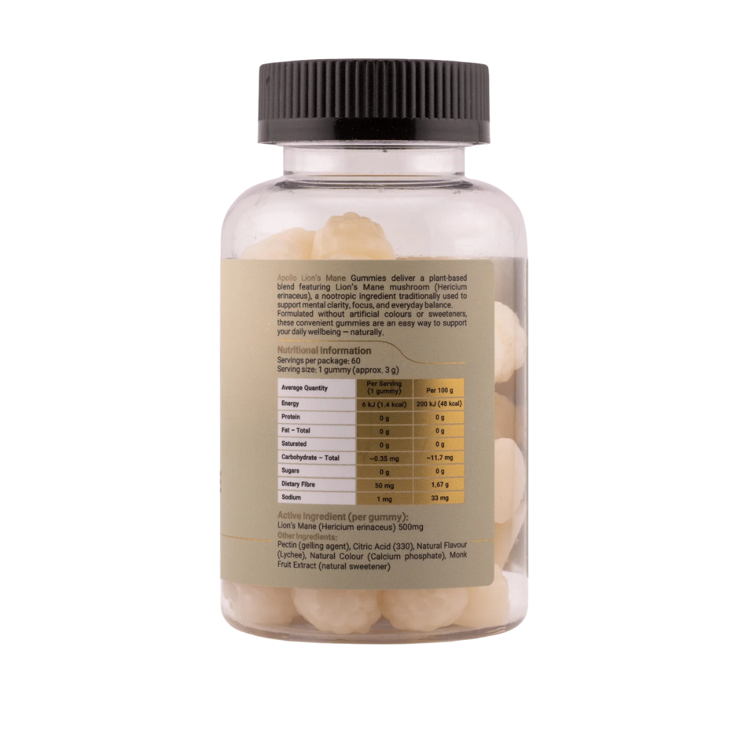 Apollo Nutraceuticals Lion’s Mane Gummies 500mg – Lychee flavour brain health supplement from Nutrition Capital Australia