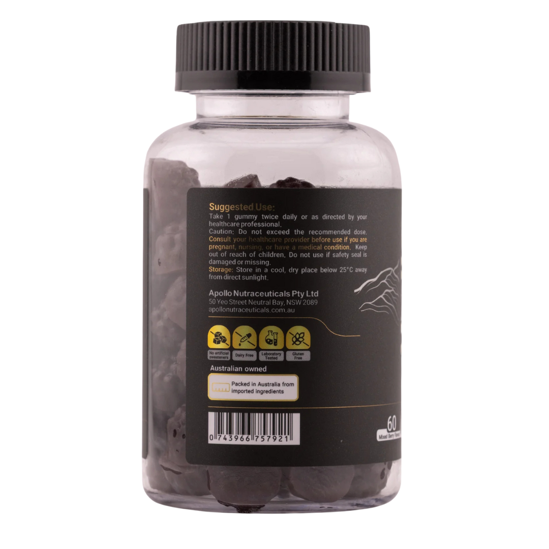 Apollo Himalayan Shilajit Gummies 250mg – Mixed Berry flavour, vegan and sugar-free wellness supplement, available from Nutrition Capital Australia