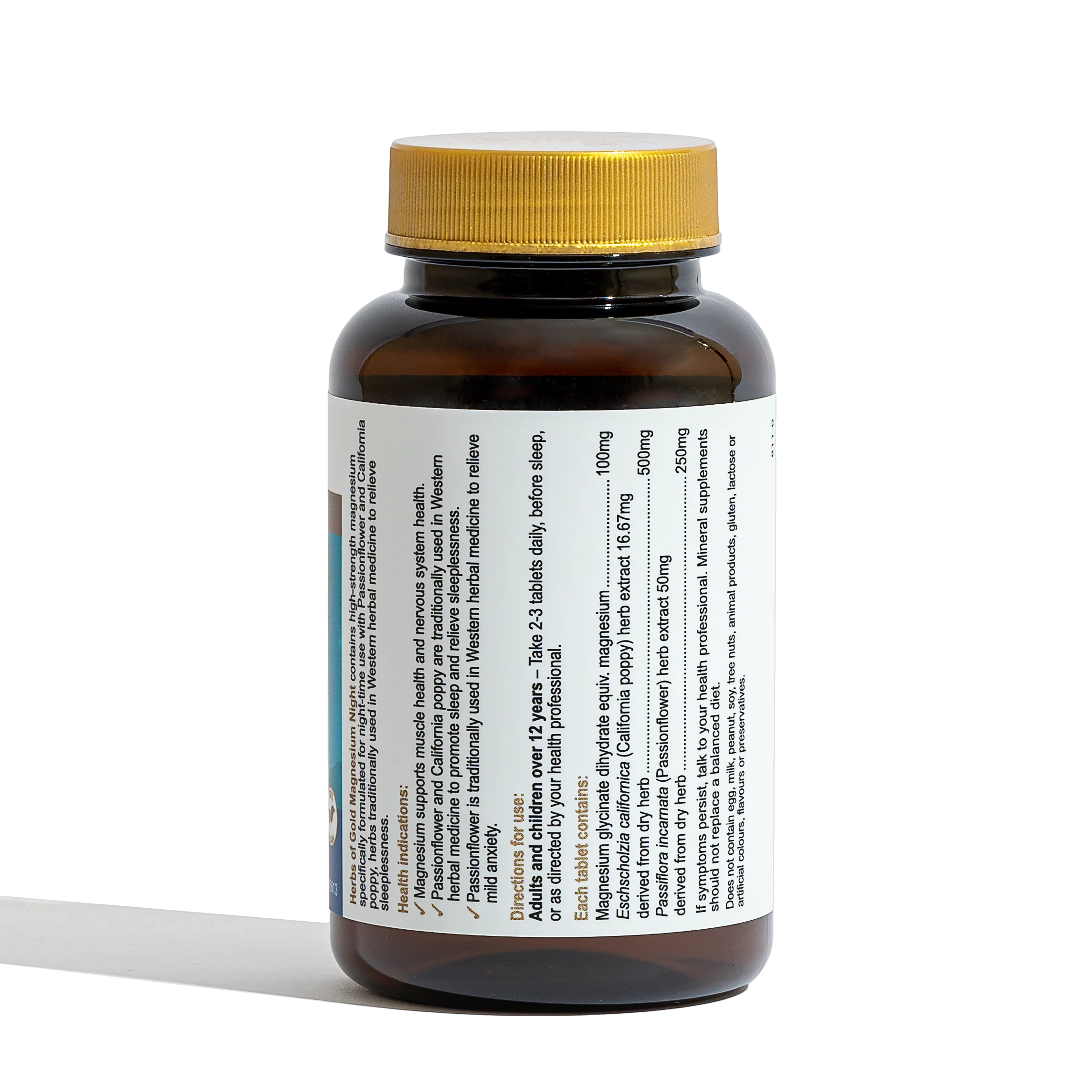 Herbs of Gold Magnesium Night bottle – natural sleep aid with magnesium glycinate, Passionflower, and California poppy – Available in Australia with fast delivery.