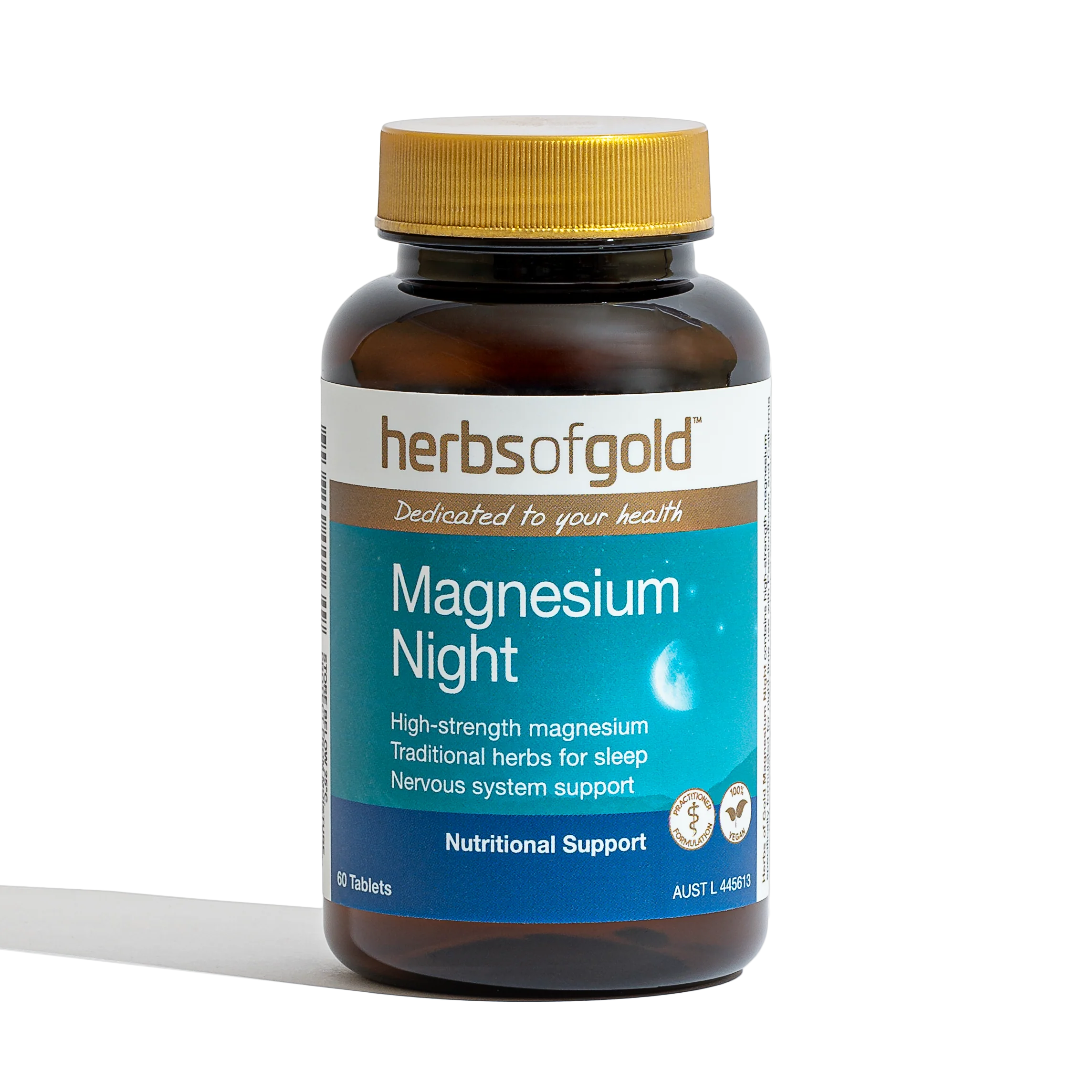 Herbs of Gold Magnesium Night bottle – natural sleep aid with magnesium glycinate, Passionflower, and California poppy – Available in Australia with fast delivery.