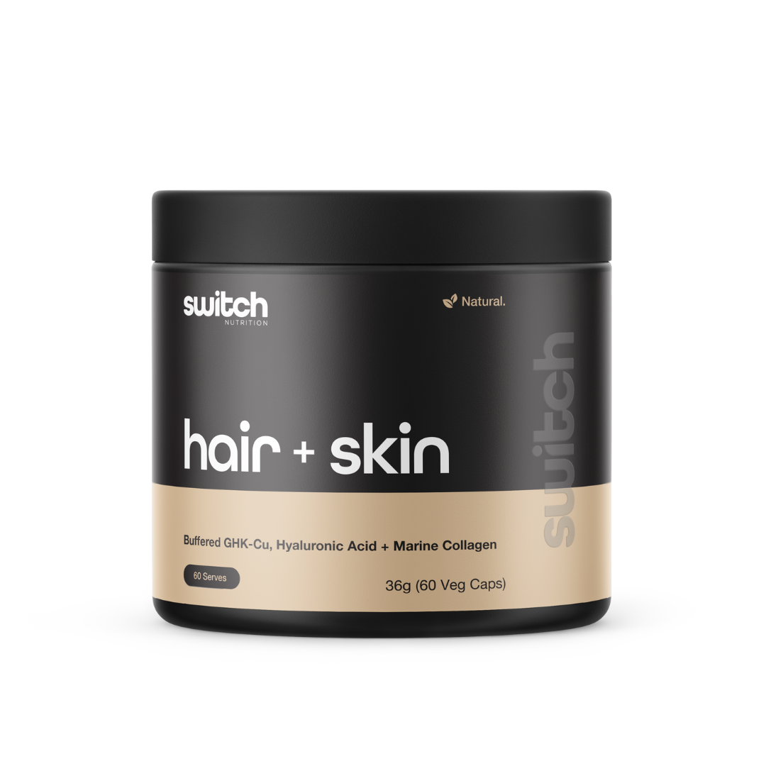 Switch Nutrition Hair + Skin supplement tub – featuring buffered GHK-Cu peptide, marine collagen, and hyaluronic acid for skin, hair, gut, and joint health – Available in Australia with fast delivery.