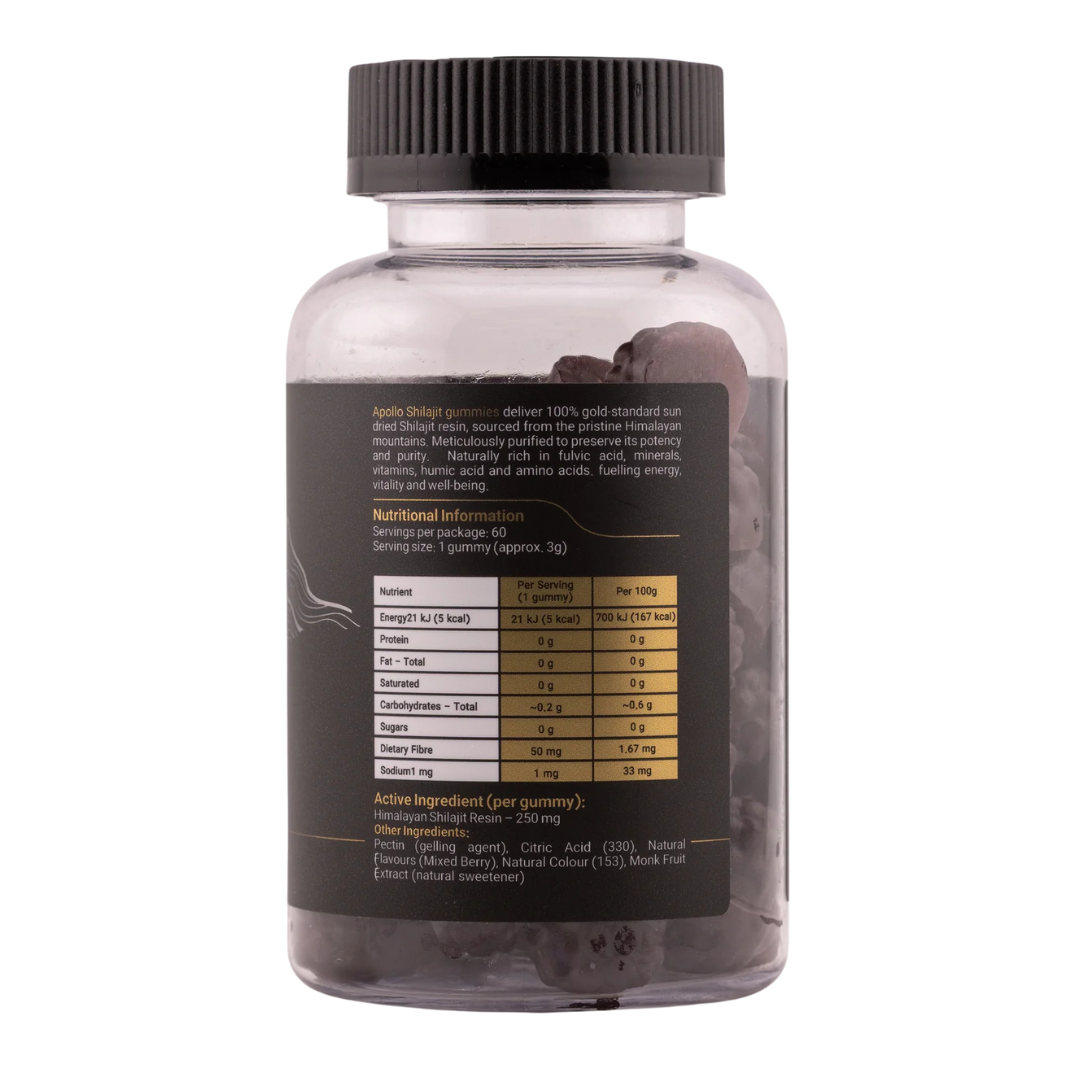Apollo Himalayan Shilajit Gummies 250mg – Mixed Berry flavour, vegan and sugar-free wellness supplement, available from Nutrition Capital Australia