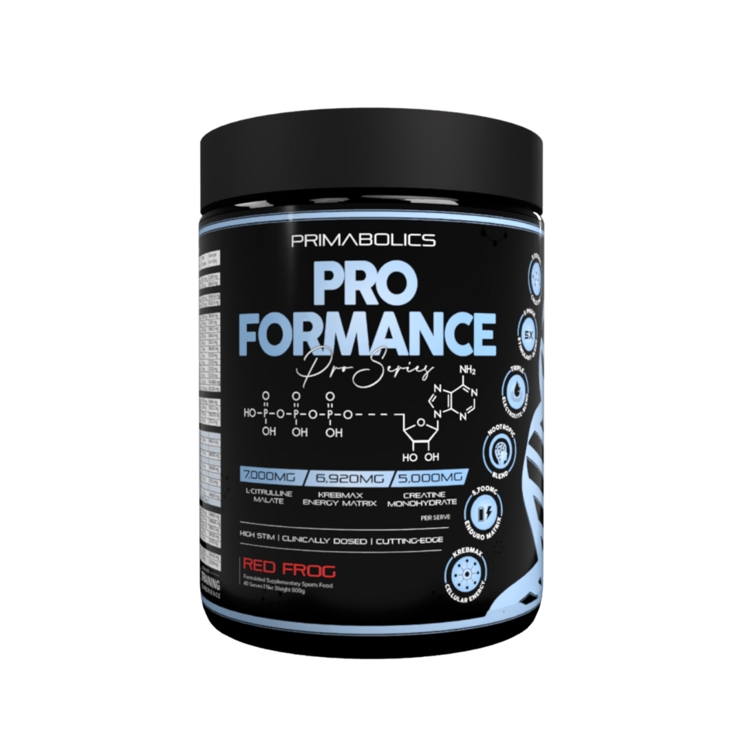 Primabolics Proformance Pre-Workout – Boost energy, focus, and endurance with nitric oxide, nootropics, and electrolytes. Available in 3 flavours.