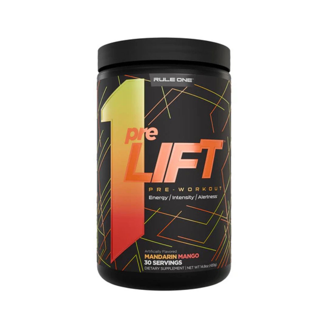 Rule 1 PreLIFT pre-workout supplement tub – high-performance energy and endurance formula available at Nutrition Capital Australia