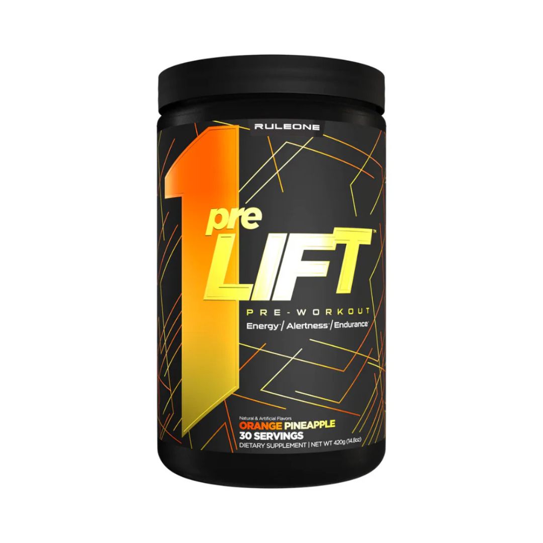 Rule 1 PreLIFT pre-workout supplement tub – high-performance energy and endurance formula available at Nutrition Capital Australia