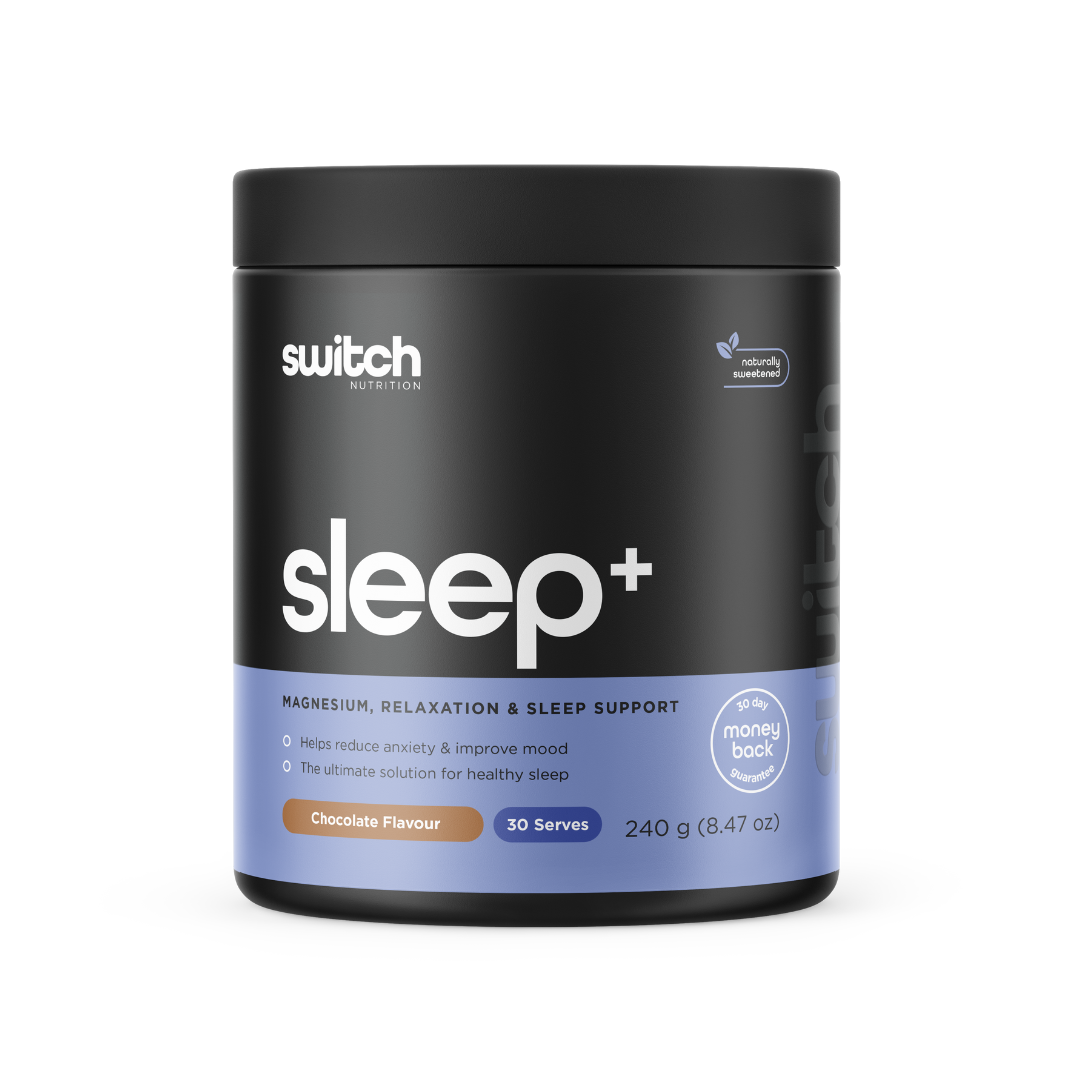 Switch Nutrition Sleep+ sleep support supplement bottle for deep sleep, stress relief & relaxation – Available in Australia with fast delivery.