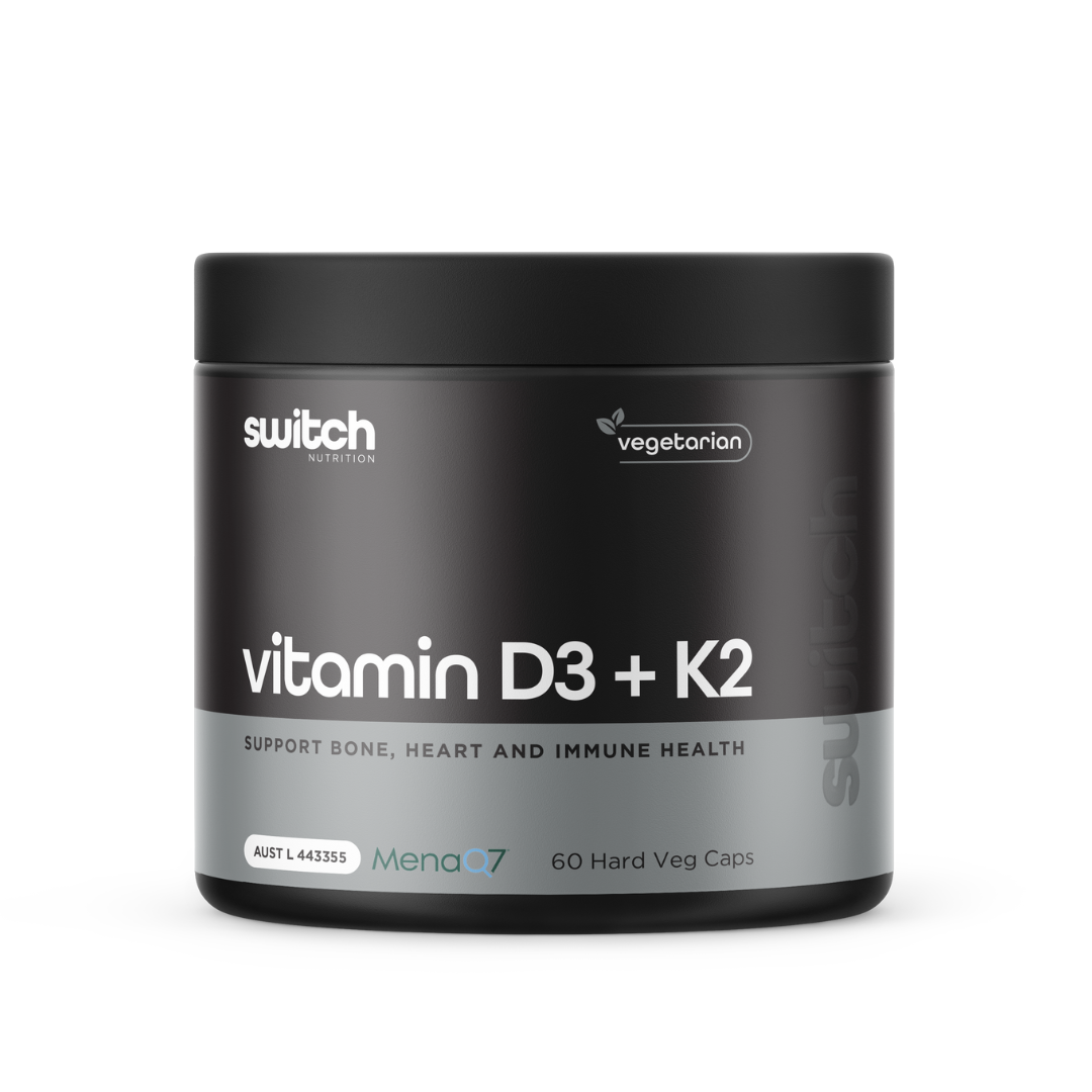 Switch Nutrition Vitamin D + K supplement bottle for bone health, immune function & cardiovascular support – Available in Australia with fast delivery.