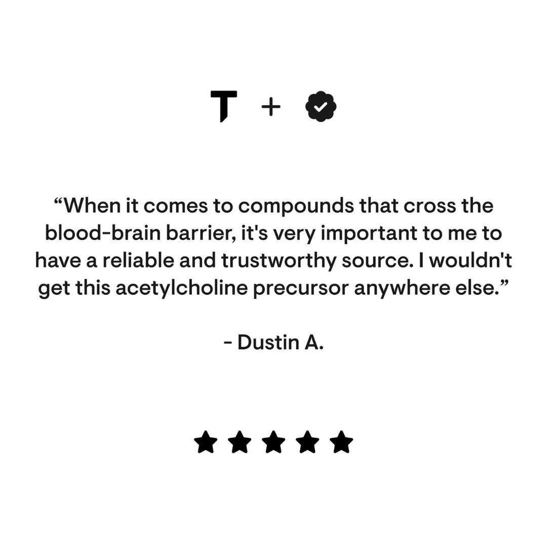 Text quote from Dustin A. about a reliable source for acetylcholine precursor with a brand logo.