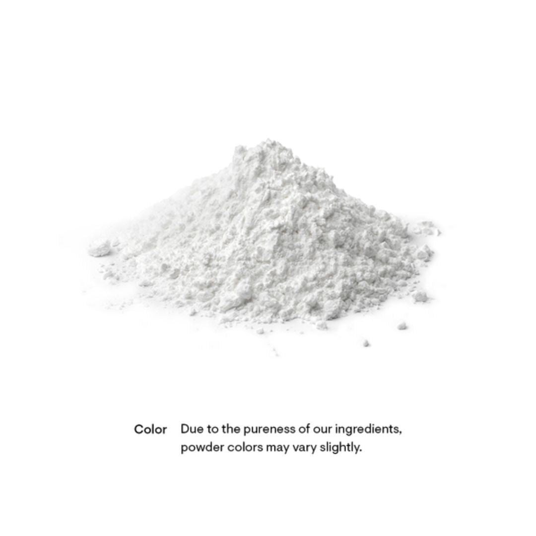White powder on a white background with text indicating color variation due to ingredients.