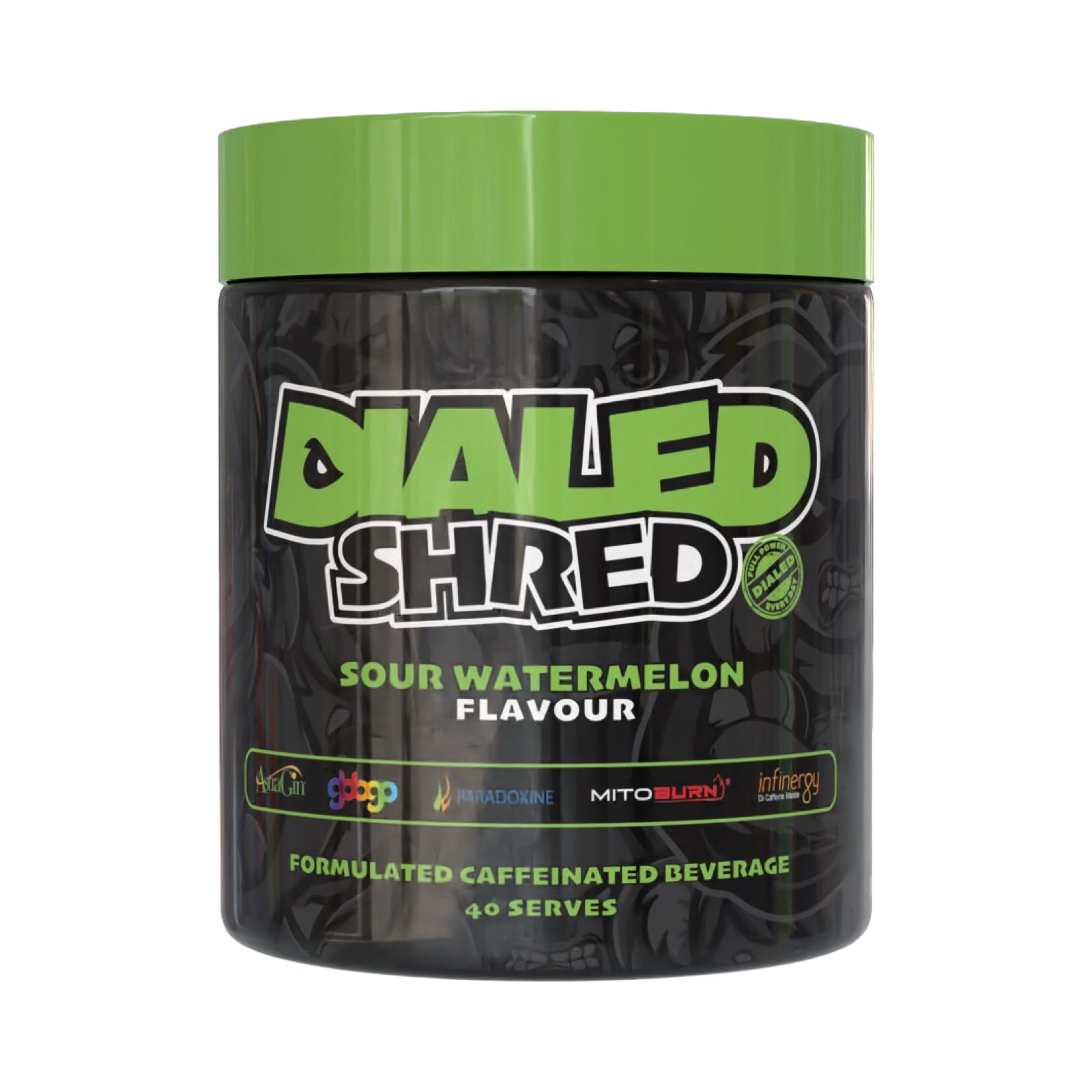 Dialed Shred thermogenic fat burner supplement tub with 5 trademarked ingredients – Paradoxine®, Mitoburn®, GBBGO®, Infinergy™, and AstraGin® – Available in Australia with fast delivery.