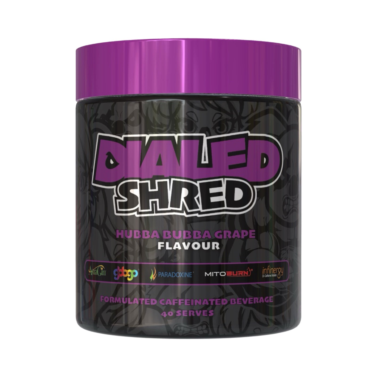 Dialed Shred thermogenic fat burner supplement tub with 5 trademarked ingredients – Paradoxine®, Mitoburn®, GBBGO®, Infinergy™, and AstraGin® – Available in Australia with fast delivery.